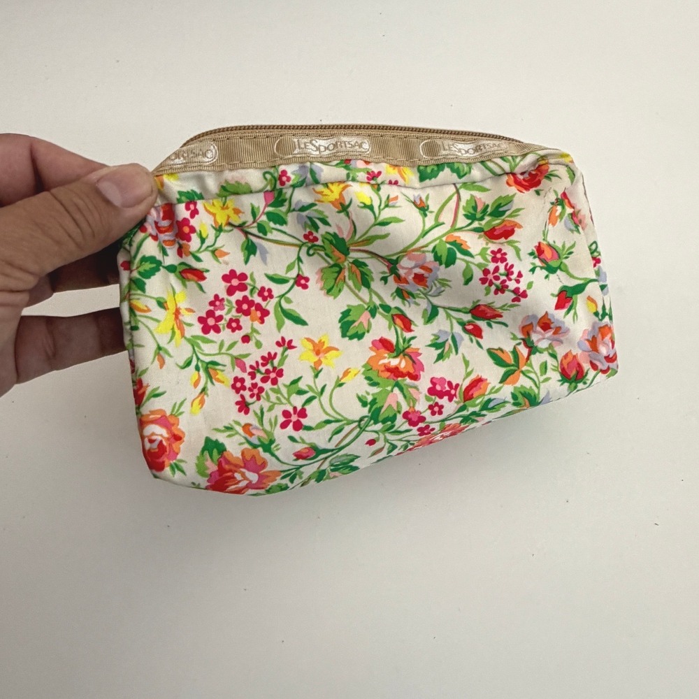 LeSportsac Floral Cosmetic Pouch Cream Multi Color Nylon Makeup Bag Zip Travel